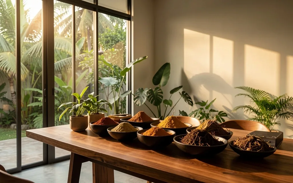 A workspace with botanical ingredients in warm light