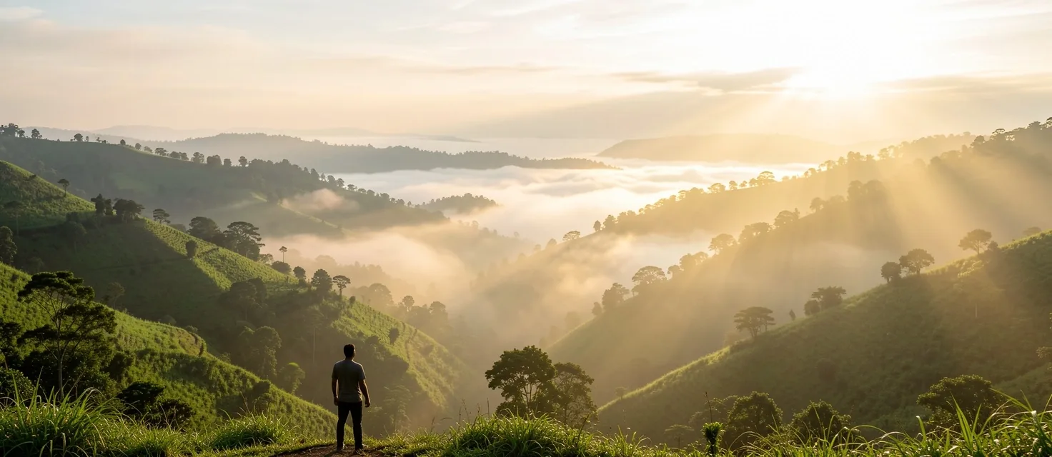 Misty Indonesian mountains at dawn