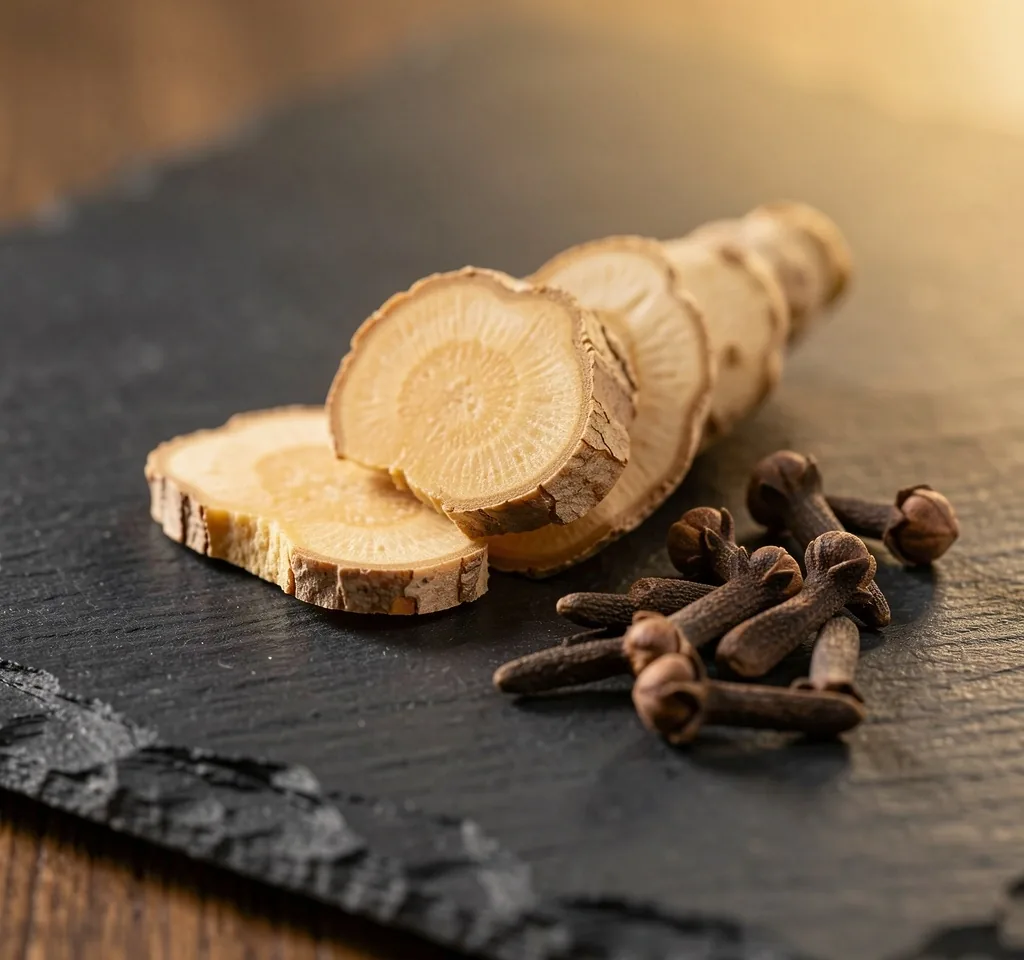 Raw natural botanical ingredients on a dark surface