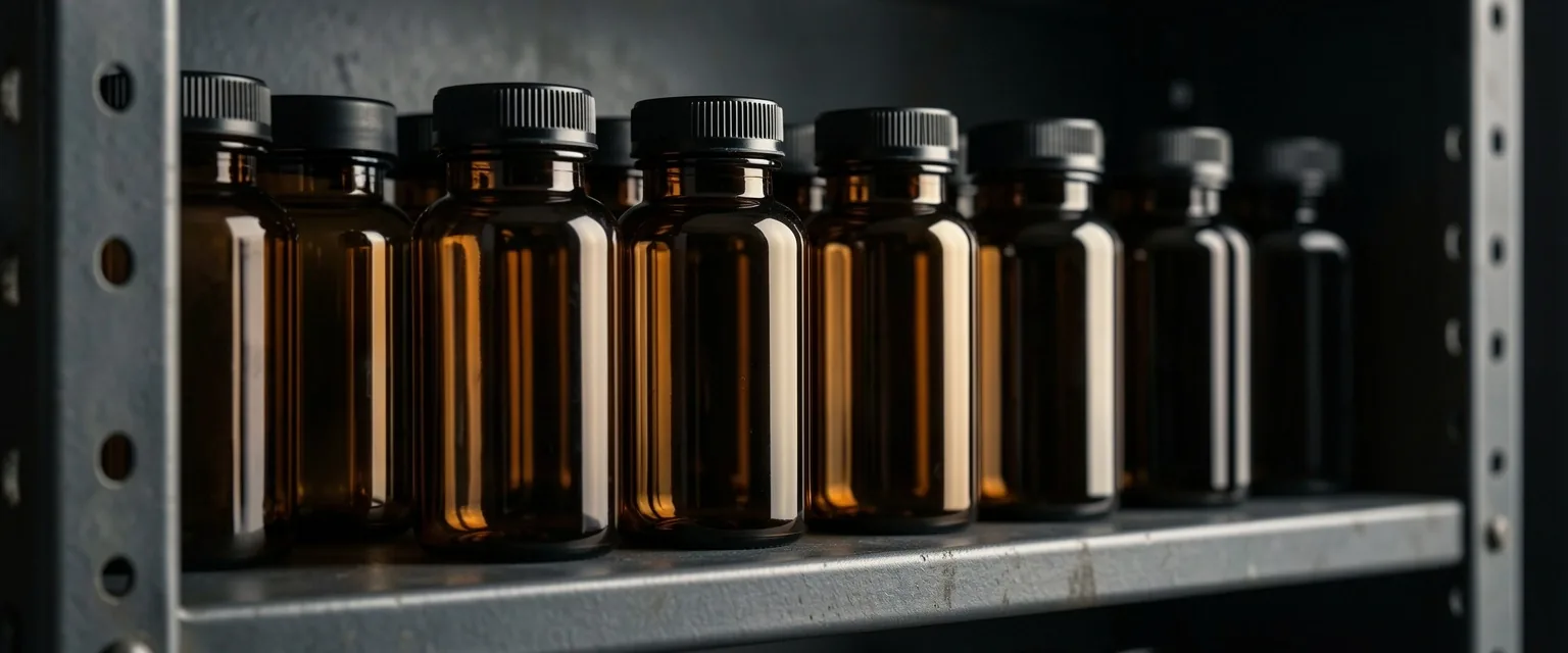 Supplement bottles on a dark shelf