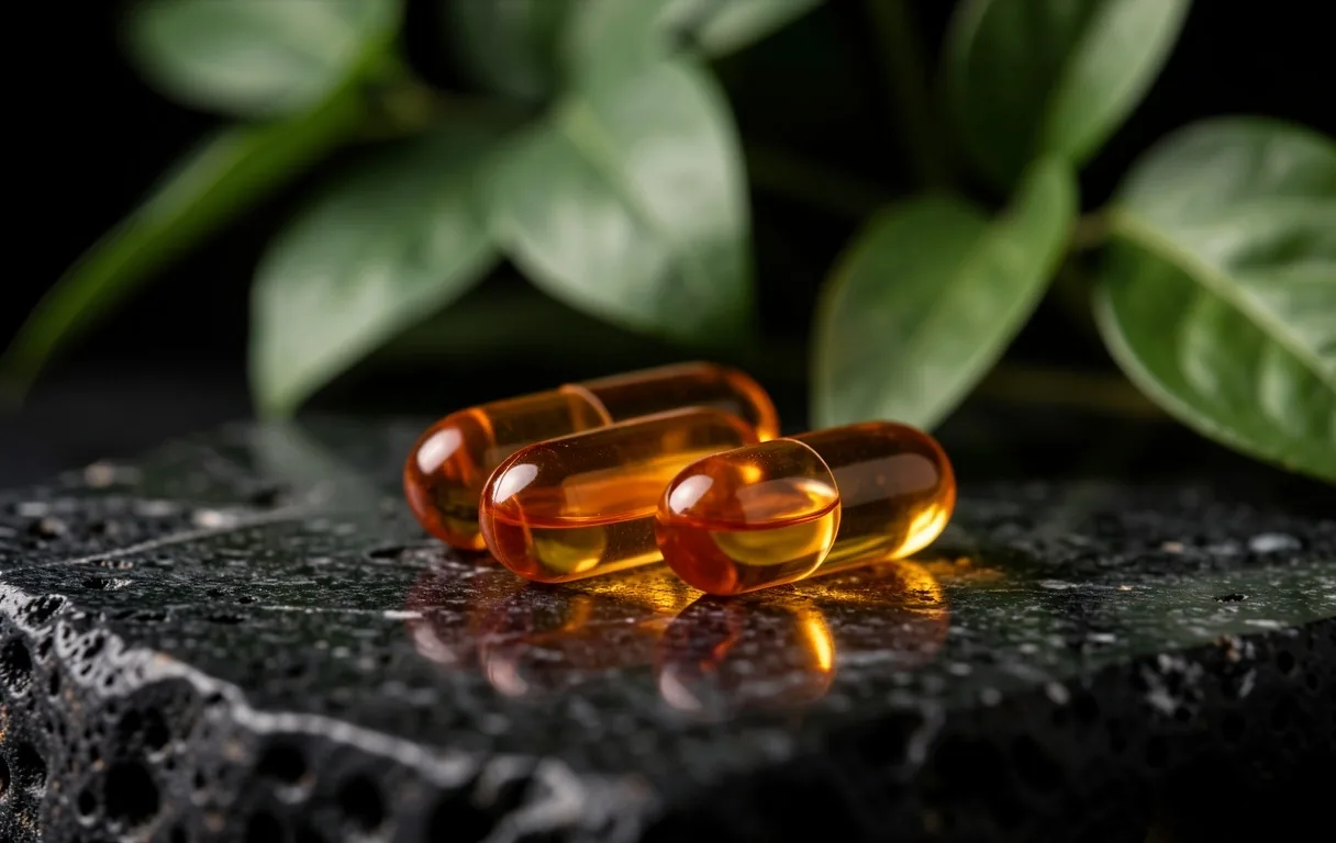 Natural supplement capsules on a dark surface