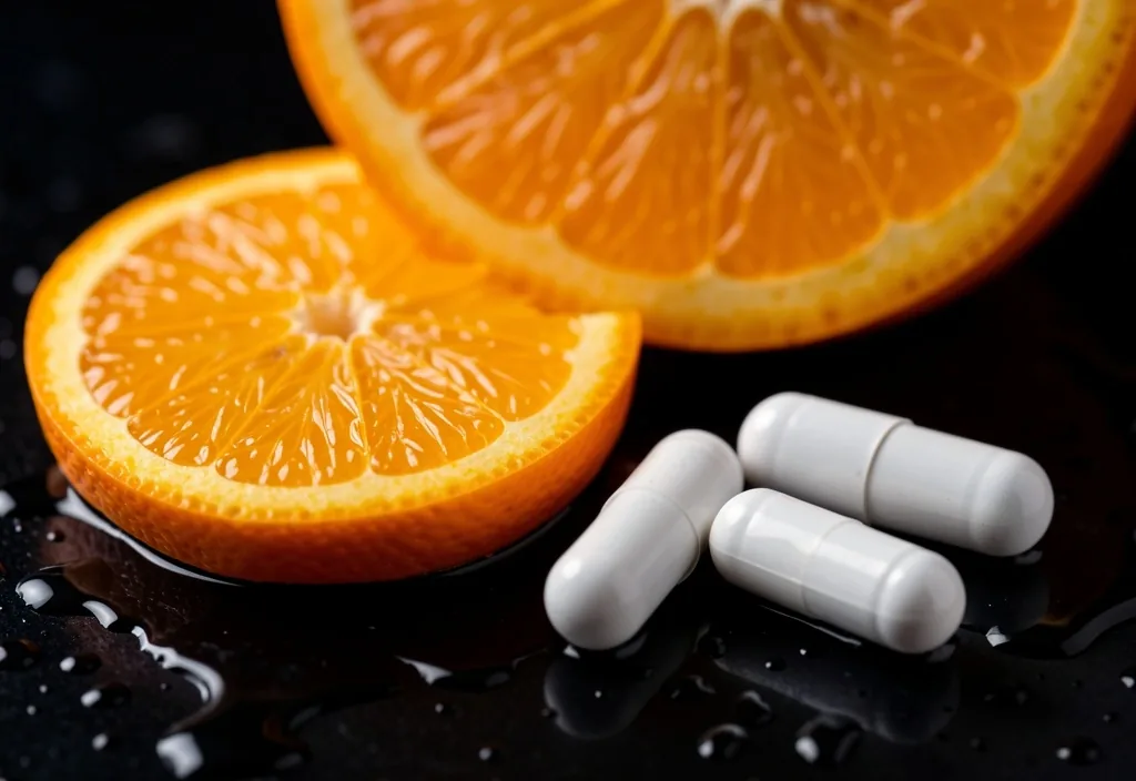 Citrus and zinc capsules on dark surface