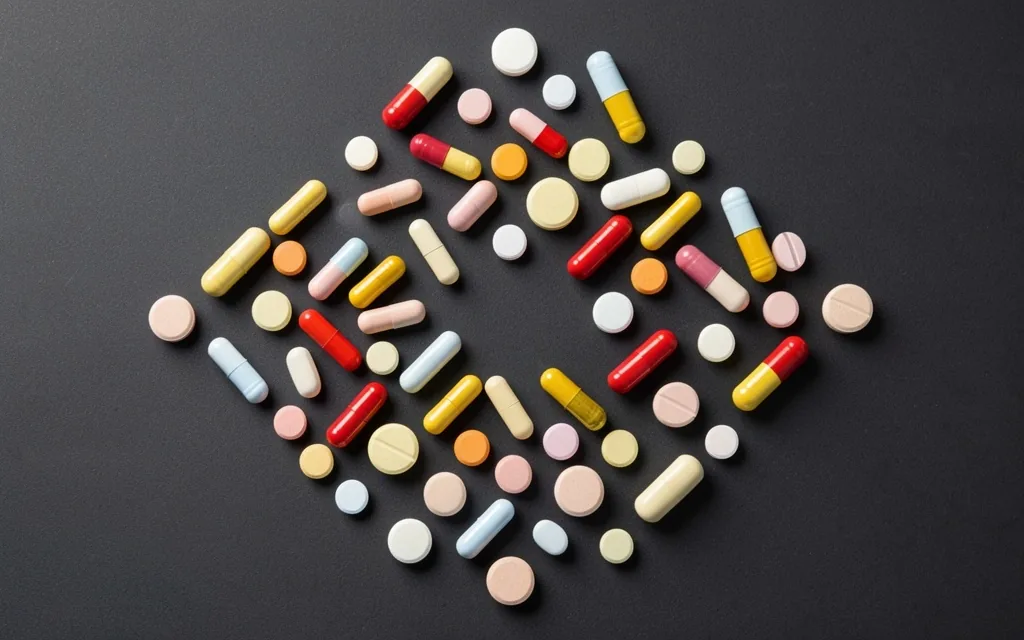 Daily multivitamin capsules arranged on dark surface