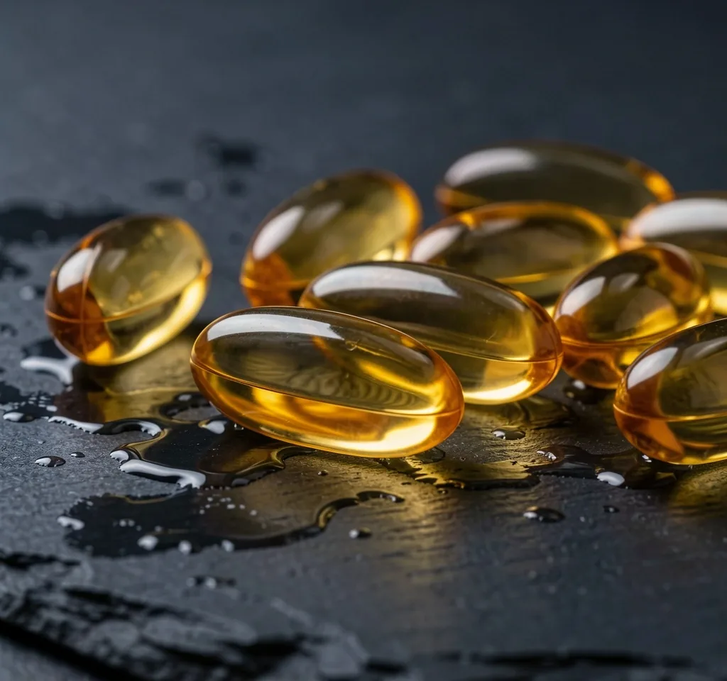 Natural supplement capsules on dark stone surface