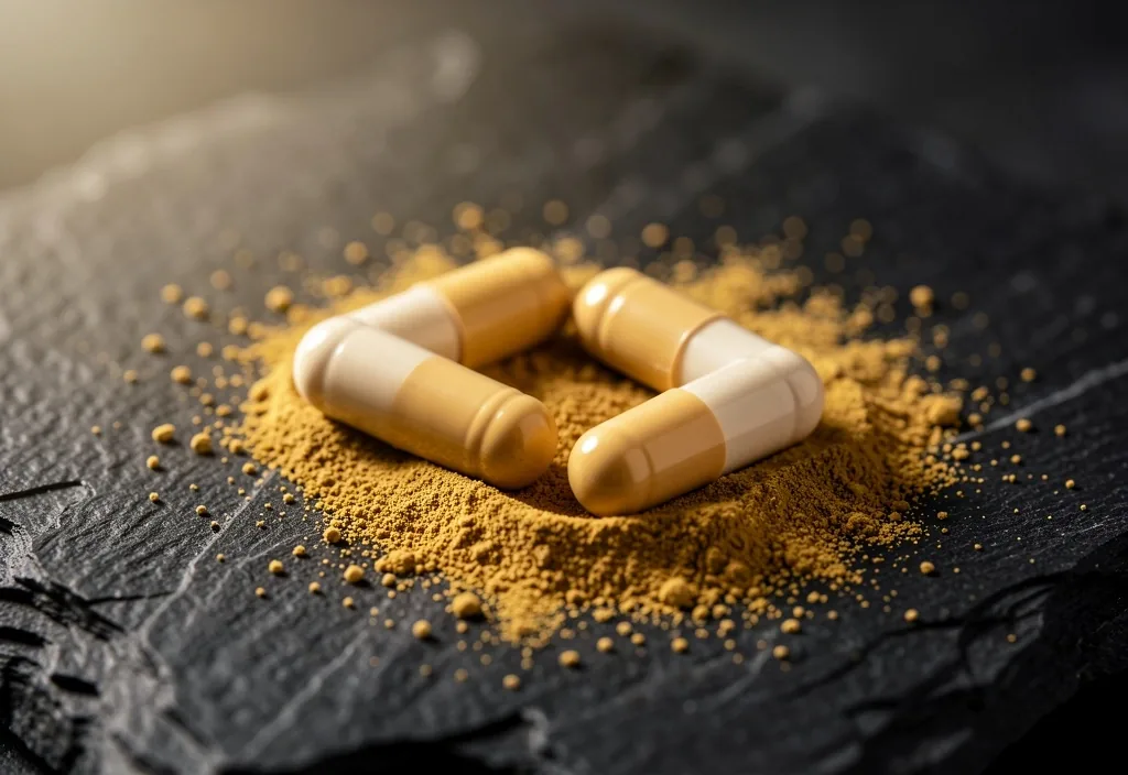 Probiotic capsules and enzyme powder on dark stone