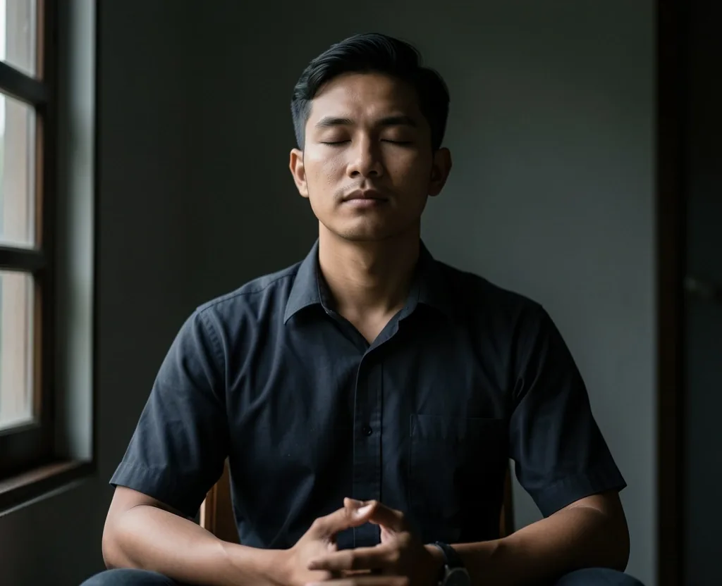 Man practicing calm breathing