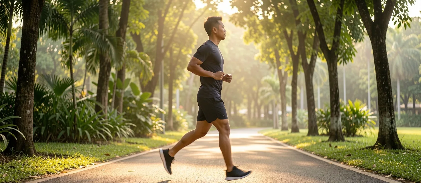 Man jogging in a Surakarta park in the morning