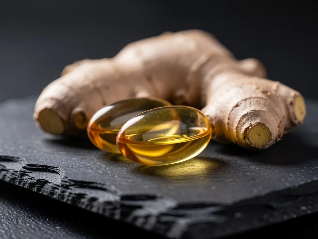 Natural supplement capsules on dark stone surface