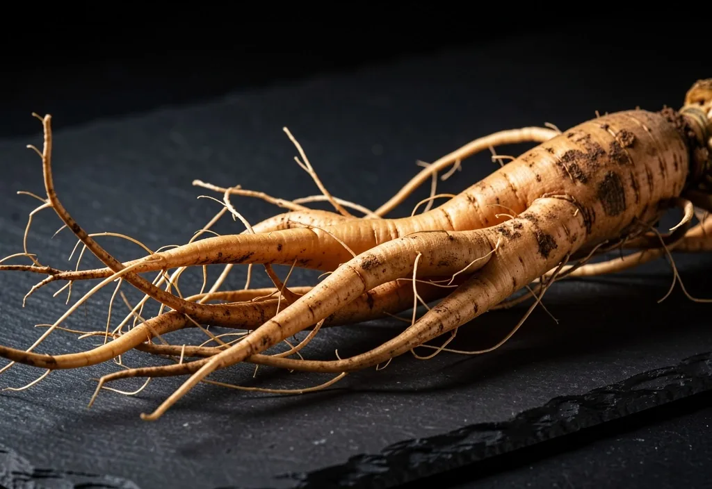 Panax ginseng root on dark surface