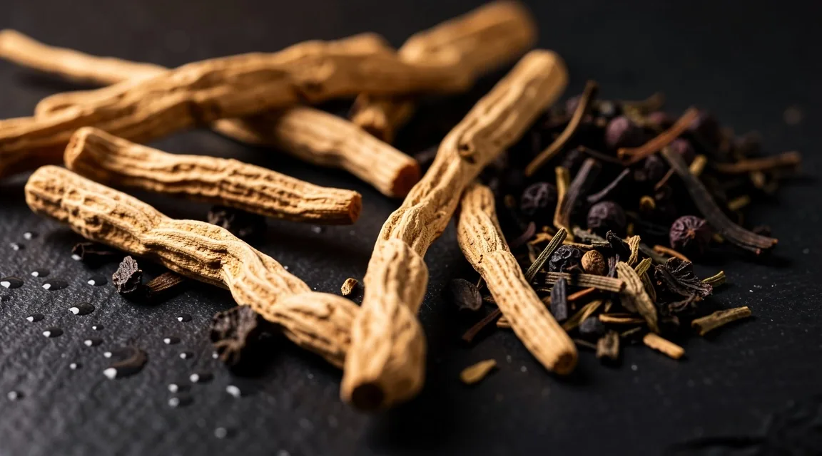 Dried botanical roots and herbs on dark surface
