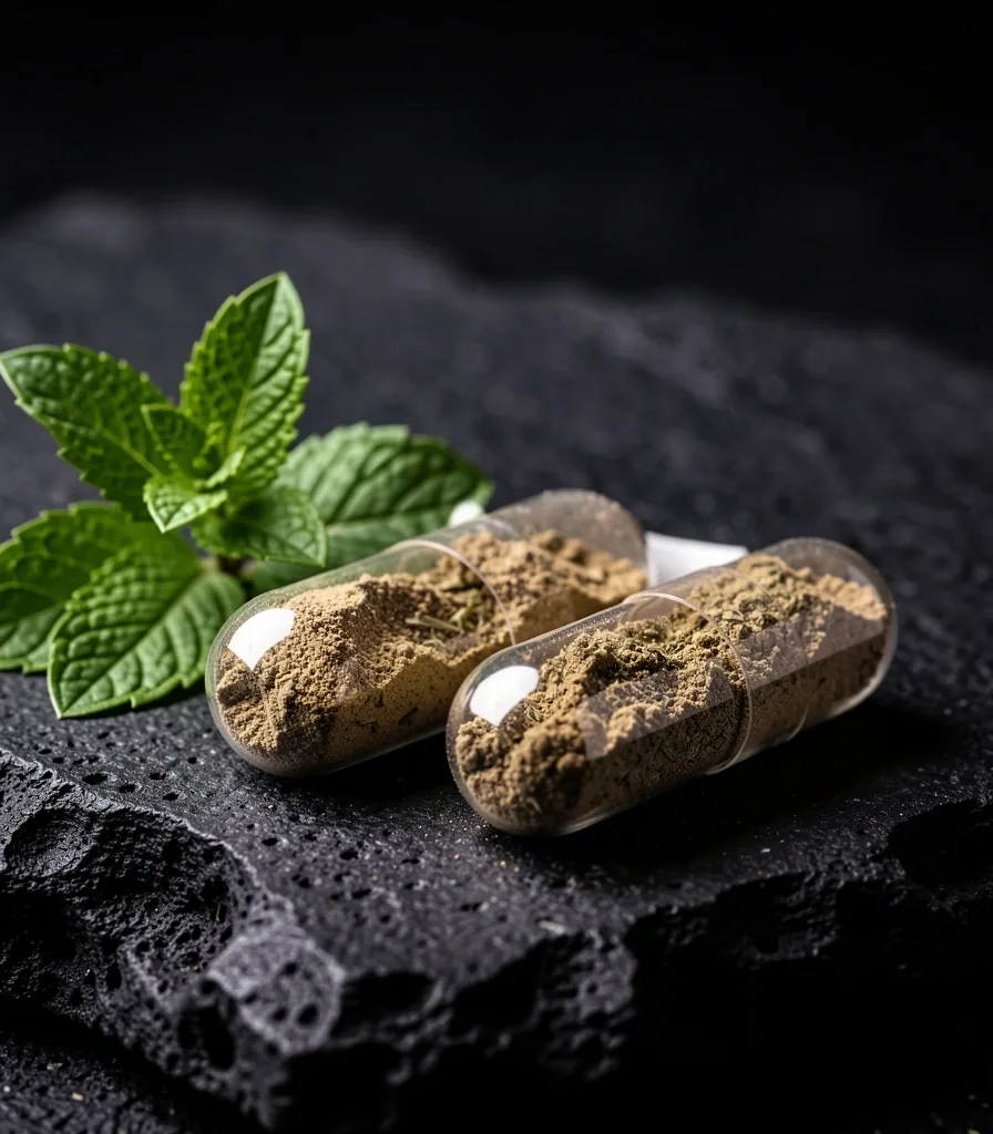 Natural capsules beside botanical leaves
