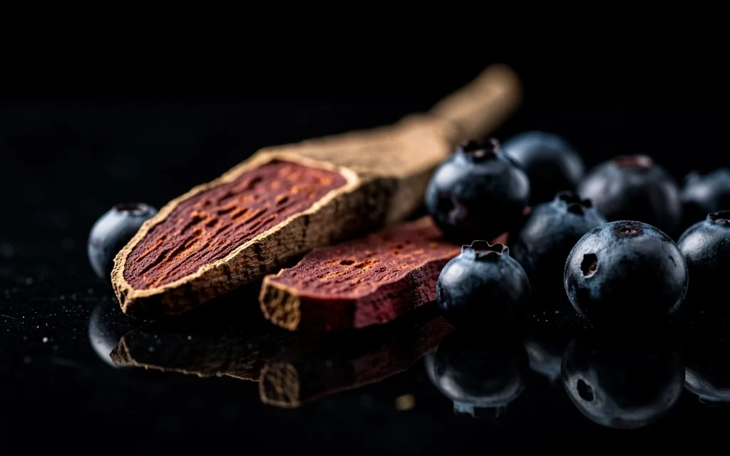 Raw botanical ingredients on dark surface
