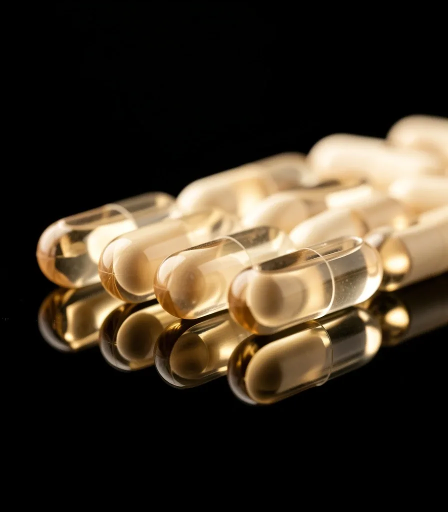 Supplement capsules on dark glass surface